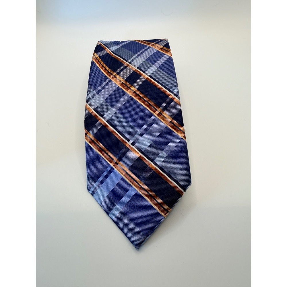 Van Heusen Mens Silk Tie Blue Navy Orange Plaid Woven Necktie